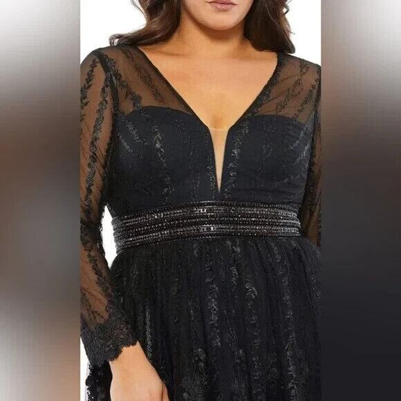 Mac Duggal 67902 Long Sleeve Illusion Lace Midi Gown SZ 16W Black $498 - Picture 3 of 6